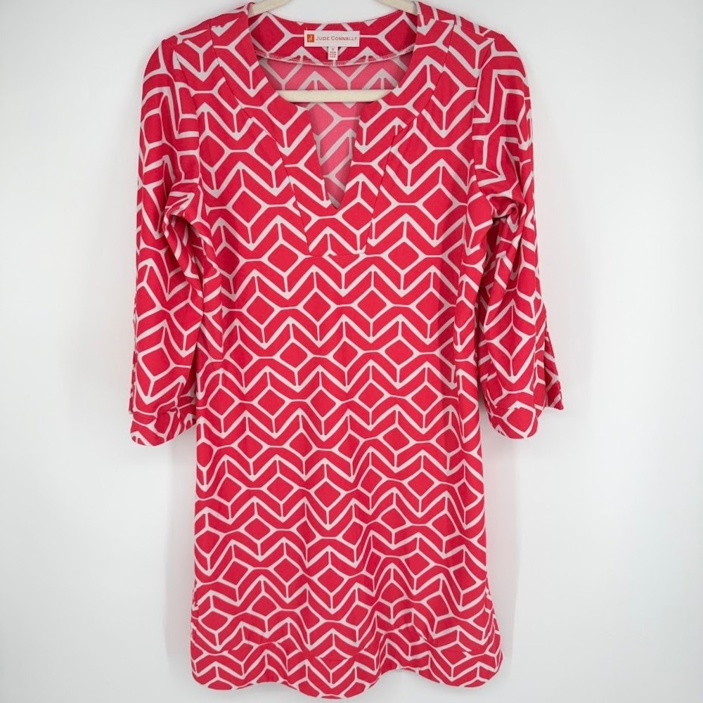 Jude Connally Megan Dress S Pink Geometric Print 3/4 Sleeve V-Neck Shift Mini